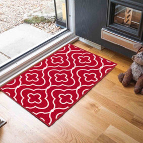 Machine Washable Quatrefoil Design Anti Slip Doormats Red 50x80 cm