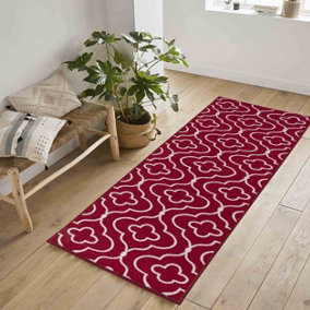 Machine Washable Quatrefoil Design Anti Slip Doormats Red 80x300 cm