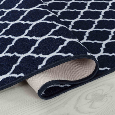 Machine Washable Trellis Design Anti Slip Doormats Navy 160x220 cm