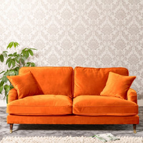 Mackenzie 188cm Wide Burnt Orange 3 Seat Velvet Fabric Sofa with Brass Coloured Wheel Tipped Walnut Coloured Wooden Legs
