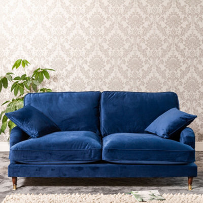 Mackenzie 188cm Wide Marine Blue 3 Seat Velvet Fabric Sofa with Brass Coloured Wheel Tipped Walnut Coloured Wooden Legs