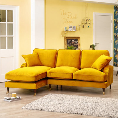 Mackenzie 217cm Wide Mustard Yellow Left Hand Facing Velvet Fabric Corner Sofa with 160cm Deep Chaise