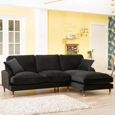 Mackenzie 250cm Wide Burnt Ebony Black Right Hand Facing Velvet Fabric Corner Sofa with 160cm Deep Chaise