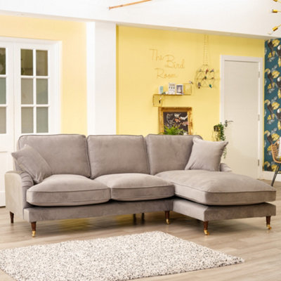 Mackenzie 250cm Wide Grey Right Hand Facing Velvet Fabric Corner Sofa with 160cm Deep Chaise