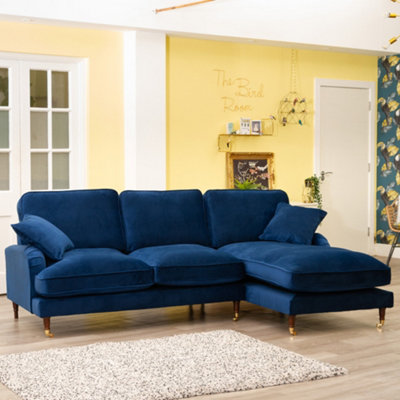 Mackenzie 250cm Wide Marine Blue Right Hand Facing Velvet Fabric Corner Sofa with 160cm Deep Chaise