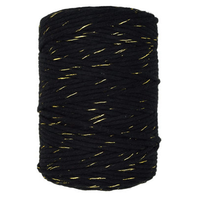 Macrame Cord Twine Natural Cotton String Craft Artisan Thread Twisted Macramé (Black with Gold Thread, 3 mm x 100 m / 328 ft)