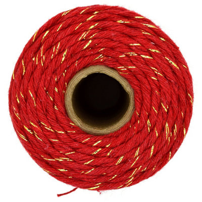 Macrame Cord Twine Natural Cotton String Craft Artisan Thread Twisted Macramé (Red with Gold Thread, 2 mm x 300 m / 984 ft)