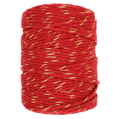 Macrame Cord Twine Natural Cotton String Craft Artisan Thread Twisted Macramé (Red with Gold Thread, 3 mm x 100 m / 328 ft)