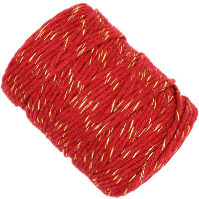Macrame Cord Twine Natural Cotton String Craft Artisan Thread Twisted Macramé (Red with Gold Thread, 3 mm x 100 m / 328 ft)