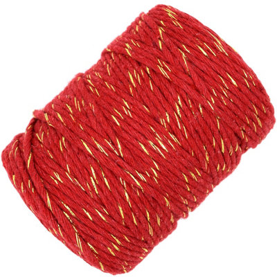 Macrame Cord Twine Natural Cotton String Craft Artisan Thread Twisted Macramé (Red with Gold Thread, 3 mm x 100 m / 328 ft)
