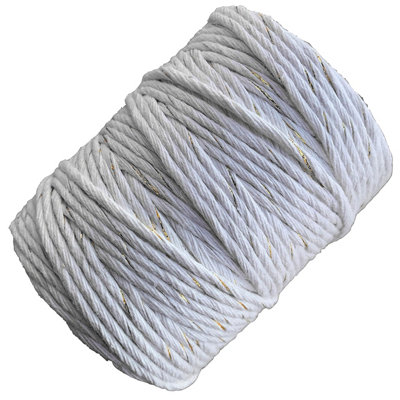 Macrame Cord Twine Natural Cotton String Craft Artisan Thread Twisted Macramé (White with Gold Thread, 3 mm x 200 m / 656 ft)
