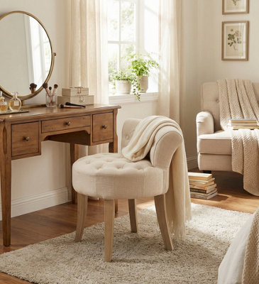 Maddie Dressing Table Stool With Back, White Washed Wood, Beige Cushion