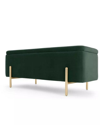 MADE Asare Upholstered Ottoman Storage Bench in Pine Green with Brass Leg Design