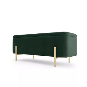 MADE Asare Upholstered Ottoman Storage Bench in Pine Green with Brass Leg Design