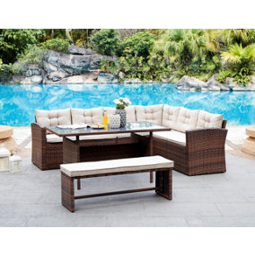 Madeira Rattan Corner Outdoor Dining Garden Furniture Set Sofa Table & Bench, Brown