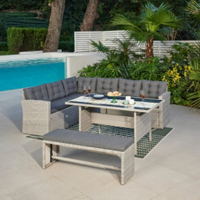 Madeira Rattan Corner Outdoor Dining Garden Furniture Set Sofa Table & Bench, Grey