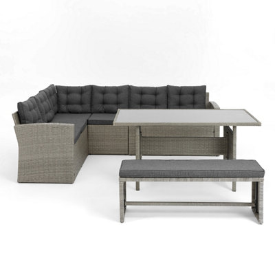 Madeira Rattan Corner Outdoor Dining Garden Furniture Set Sofa Table & Bench, Grey