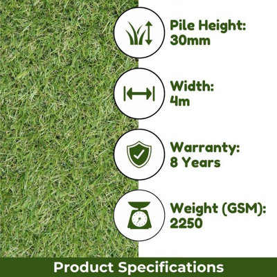 Madidi 30mm Artificial Grass, Plush Artificial Grass, Pet-Friendly Artificial Grass, 8 Years Warranty-3m(9'9") X 4m(13'1")-12m²