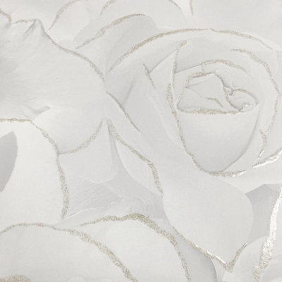 Madison Rose Floral Bloom White Flowers Silver Glitter Shimmer Feature Wallpaper