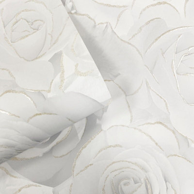 Madison Rose Floral Bloom White Flowers Silver Glitter Shimmer Feature Wallpaper