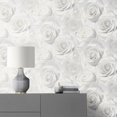Madison Rose Floral Bloom White Flowers Silver Glitter Shimmer Feature Wallpaper