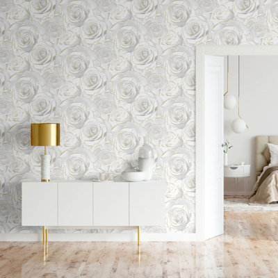 Madison Rose Floral Bloom White Flowers Silver Glitter Shimmer Feature Wallpaper