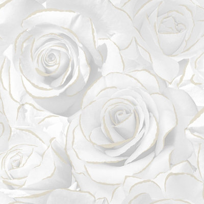 Madison Rose Floral Bloom White Flowers Silver Glitter Shimmer Feature Wallpaper