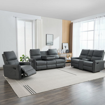 Madrid 1+2+3 Seater w Console Manual Recliner Air Leather Sofa Set (Grey)