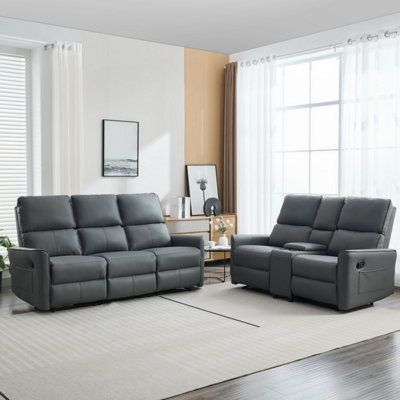 Madrid 2+3 Seater w Console Manual Recliner Air Leather Sofa Set (Grey)