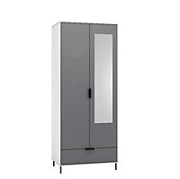 Madrid 2 Door 1 Drawer Mirrored Wardrobe - L52 x W81 x H196 cm - Grey/White Gloss