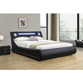 Madrid Black Faux Leather Double 4FT 6 Bluetooth Bed Frame With Speakers & Remote Controlled LED Colour Changing Light