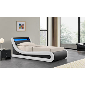 Madrid Black & White Faux Leather Single 3FT Ottoman Storage Bed Frame & Remote Controlled LED Colour Changing Light