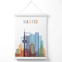 Madrid Colourful City Skyline Poster with Hanger / 33cm / White