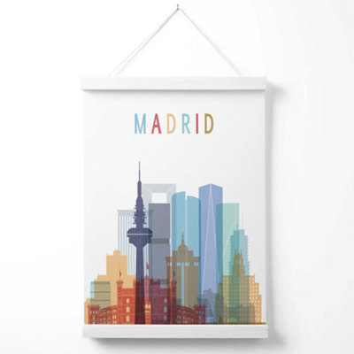 Madrid Colourful City Skyline Poster with Hanger / 33cm / White