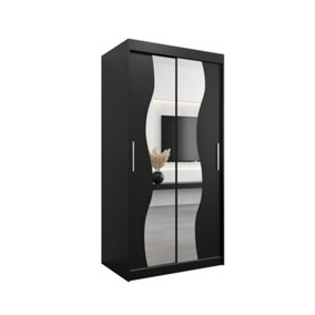 Madrid Contemporary 2 Mirrored Sliding Door Wardrobe 5 Shelves 2 Rails Black Matt (H)2000mm (W)1000mm (D)620mm