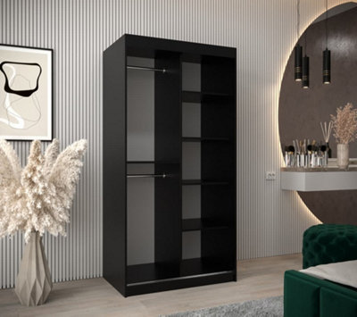 Madrid Contemporary 2 Mirrored Sliding Door Wardrobe 5 Shelves 2 Rails Black Matt (H)2000mm (W)1000mm (D)620mm