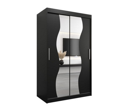 Madrid Contemporary 2 Mirrored Sliding Door Wardrobe 5 Shelves 2 Rails Black Matt (H)2000mm (W)1200mm (D)620mm