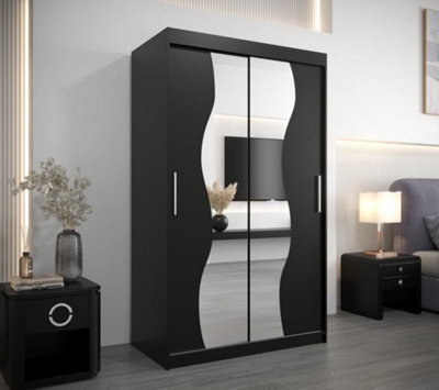 Madrid Contemporary 2 Mirrored Sliding Door Wardrobe 5 Shelves 2 Rails Black Matt (H)2000mm (W)1200mm (D)620mm