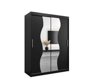 Madrid Contemporary 2 Mirrored Sliding Door Wardrobe 5 Shelves 2 Rails Black Matt (H)2000mm (W)1500mm (D)620mm