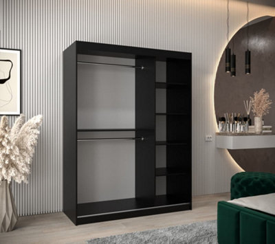 Madrid Contemporary 2 Mirrored Sliding Door Wardrobe 5 Shelves 2 Rails Black Matt (H)2000mm (W)1500mm (D)620mm