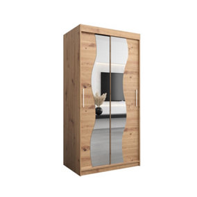 Madrid Contemporary 2 Mirrored Sliding Door Wardrobe 5 Shelves 2 Rails Oak Artisan Effect (H)2000mm (W)1000mm (D)620mm