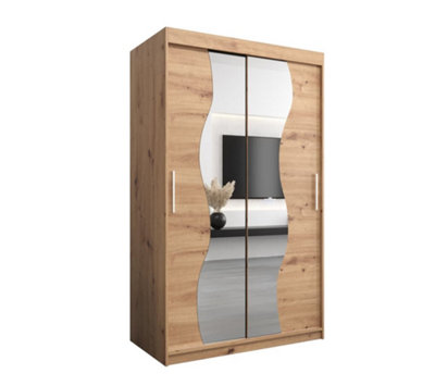 Madrid Contemporary 2 Mirrored Sliding Door Wardrobe 5 Shelves 2 Rails Oak Artisan Effect (H)2000mm (W)1200mm (D)620mm