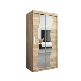 Madrid Contemporary 2 Mirrored Sliding Door Wardrobe 5 Shelves 2 Rails Oak Sonoma Effect (H)2000mm (W)1000mm (D)620mm