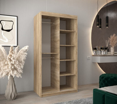Madrid Contemporary 2 Mirrored Sliding Door Wardrobe 5 Shelves 2 Rails Oak Sonoma Effect (H)2000mm (W)1000mm (D)620mm