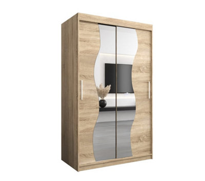 Madrid Contemporary 2 Mirrored Sliding Door Wardrobe 5 Shelves 2 Rails Oak Sonoma Effect (H)2000mm (W)1200mm (D)620mm