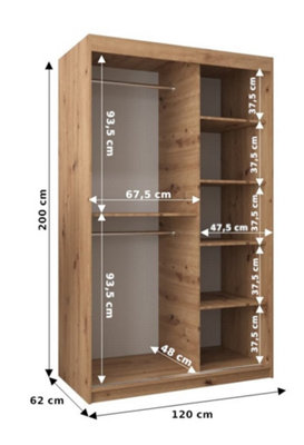 Madrid Contemporary 2 Mirrored Sliding Door Wardrobe 5 Shelves 2 Rails Oak Sonoma Effect (H)2000mm (W)1200mm (D)620mm