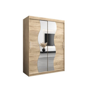 Madrid Contemporary 2 Mirrored Sliding Door Wardrobe 5 Shelves 2 Rails Oak Sonoma Effect (H)2000mm (W)1500mm (D)620mm