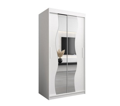 Madrid Contemporary 2 Mirrored Sliding Door Wardrobe 5 Shelves 2 Rails White Matt (H)2000mm (W)1000mm (D)620mm