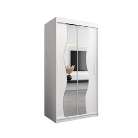 Madrid Contemporary 2 Mirrored Sliding Door Wardrobe 5 Shelves 2 Rails White Matt (H)2000mm (W)1000mm (D)620mm