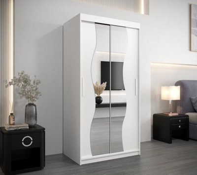 Madrid Contemporary 2 Mirrored Sliding Door Wardrobe 5 Shelves 2 Rails White Matt (H)2000mm (W)1000mm (D)620mm